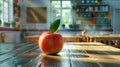 Red Apple on Wooden Table in Sunny Classroom Setting Bright Light Back to School Theme Education 3d desk food life fruit Royalty Free Stock Photo