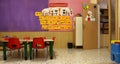 Classroom with red chairs and tables Royalty Free Stock Photo