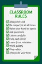 Classroom rules poster. Clipboard over green