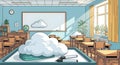 Cartoon Classroom with Cloud Computing Concept Royalty Free Stock Photo