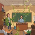 A classroom scene depicts two educators engaging with students. Royalty Free Stock Photo