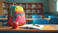 Classroom scene features desk with colorful backpack red apple and opened notebook with pencil. Bookshelf and chairs are visible Royalty Free Stock Photo