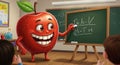 A classroom scene with a large, anthropomorphic apple character teaching at a Royalty Free Stock Photo