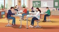 A classroom scene shows students of diverse gender and age groups using laptops Royalty Free Stock Photo