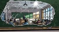 A classroom scene viewed through an abstract, dissolving barrier, symbolizing a break from routine Royalty Free Stock Photo