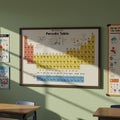 A classroom setting features a large, framed periodic table on a pale green wall. The Royalty Free Stock Photo