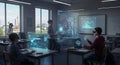 Classroom with students using augmented reality (AR) headsets. Holographic