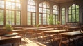 classroom with sunlight streaming through large windows, highlighting empty desks and chairs