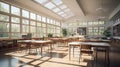 classroom with sunlight streaming through large windows, highlighting empty desks and chairs