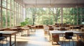 classroom with sunlight streaming through large windows, highlighting empty desks and chairs