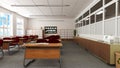 Classroom with table, chairs, panel and school cabinet.