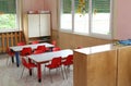 Classroom table and small chairs in kindergarten Royalty Free Stock Photo