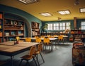 a classroom with tables and chairs in a library Royalty Free Stock Photo