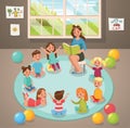 In classroom teacher and children`s activity in the kindergarten. Vector design Royalty Free Stock Photo