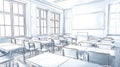 Classroom teacher drawn with soft outline in front of desks creating structured educational mood defined by clear line drawing Royalty Free Stock Photo