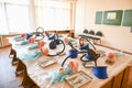 Classroom for tracheotomy. head for tracheotomy practice. Training class on tracheotomy. children and surgeon Royalty Free Stock Photo