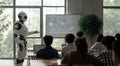 A 2030 classroom where a humanoid robot seamlessly blends technology and education to teach students.
