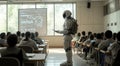 A 2030 classroom where a humanoid robot seamlessly blends technology and education to teach students.