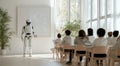 A 2030 classroom where a humanoid robot seamlessly blends technology and education to teach students.