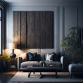 Classy Clean Living Room Interior, Large Wood Panel Art On Wall, Cozy Sofa, Green Plants, Decoration, Side table, Soft Light