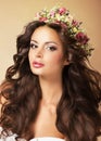 Classy Fashion Model with Perfect Flossy Brown Hair and Wreath of Flowers