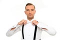 Classy and formal. Handsome man fix bowtie. Fashion accessories for formal wear. Formal groom style. Dressing up for