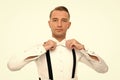 Classy and formal. Handsome man fix bowtie. Fashion accessories for formal wear. Formal groom style. Dressing up for