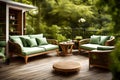 Classy furniture on wooden terrace in green beautiful garden Generated AI Royalty Free Stock Photo