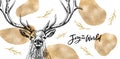 Classy Golden Christmas Card with hand-drawn majestic deer with big antlers. Royalty Free Stock Photo