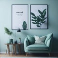 Classy Living Room Interior, sage Green Mock up Poster Frame Art On Wall, Cozy Sofa, Green Plants, Decoration, Side table, Soft