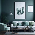 Classy Living Room Interior, sage Green Mock up Poster Frame Art On Wall, Cozy Sofa, Green Plants, Decoration, Side table, Soft