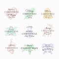 Classy Merry Christmas and Happy New Year Abstract Vector Labels or Logo Templates Set. Hand Drawn Reindeer, Tree