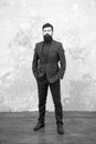 Classy style. Man bearded hipster wear classic suit outfit. Formal outfit. Take good care of suit. Elegancy and male