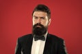 Classy style. Man bearded hipster wear classic suit outfit. Take good care of suit. Elegancy and male style. Businessman