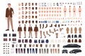 Classy stylish man in suit creation set or constructor kit. Bundle of body parts, poses, faces, emotions, formal clothes