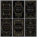 Classy wedding invitation cards with diamond golden geometric frames vector set