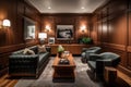 classy wood-paneled den with leather furniture and sleek decor