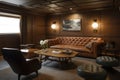 classy wood-paneled den with leather furniture and sleek decor
