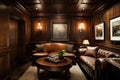 classy wood-paneled den with leather furniture and sleek decor