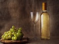 Claster of fresh juicy white grapes on a wooden board and glass and bottle of white wine on hessian cloth background. Still life, Royalty Free Stock Photo