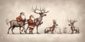 claus illustration sleigh snow santa christmas card greeting vintage reindeer. Generative AI. Royalty Free Stock Photo