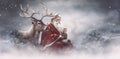 Vintage Snow Claus Reindeer Sleigh Santa Christmas Card Greeting Illustration. Generative AI.