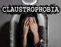 Claustrophobia. Woman feeling in closed space and crying