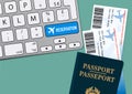 Online booking of airline tickets with a computer keyboard.