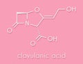 Clavulanic acid beta-lactamase blocker drug molecule. Often combined with beta-lactam class antibiotics. Skeletal formula.