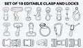 Claw clasps and carabiners flat sketch vector illustration set, different types of clasps, buckles and carabiners for jewellery,