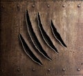 Claw marks on rusty metal armor with rivets 3d illustration