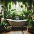 A clawfoot bathtub surrounded by plants in a nature-inspired bathroom