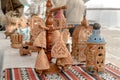 Clay bells with traditional Asian ornaments. Close-up. Royalty Free Stock Photo