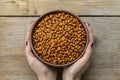 Clay bowl of dried red beans in female hands. In the background there is a wooden background Royalty Free Stock Photo